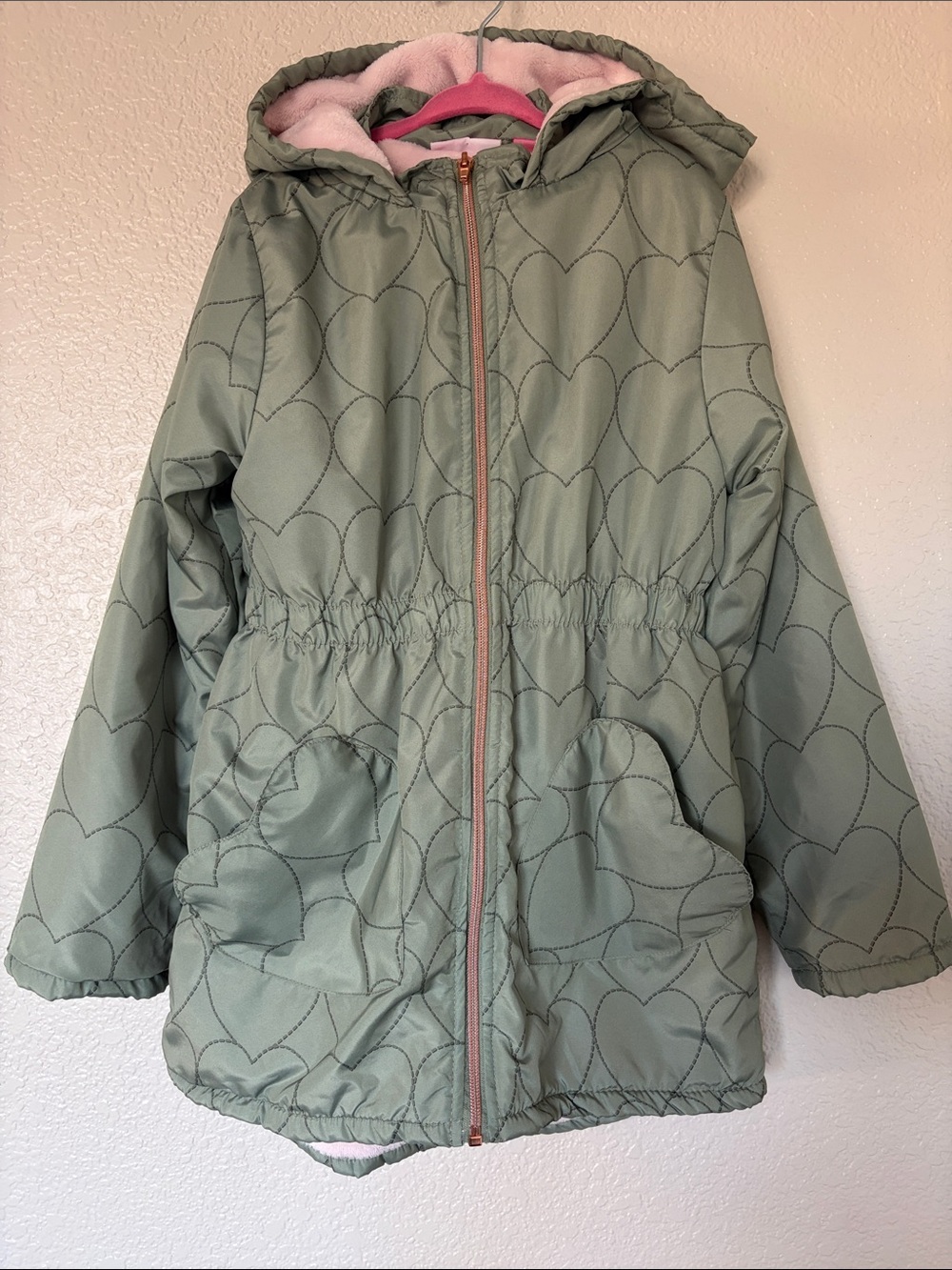 Penelope Mack Sage Green Quilted Heart-Print Hooded Puffer with Pink Lining
